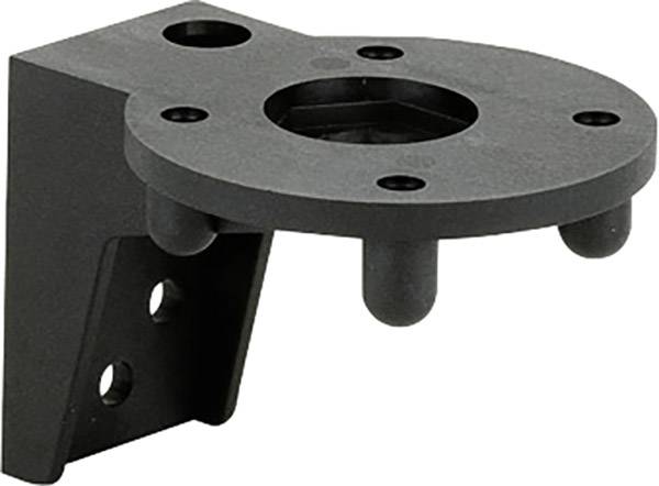 A black, wall-mounted metal bracket with a round plate and screw holes. Suitable for mounting devices.