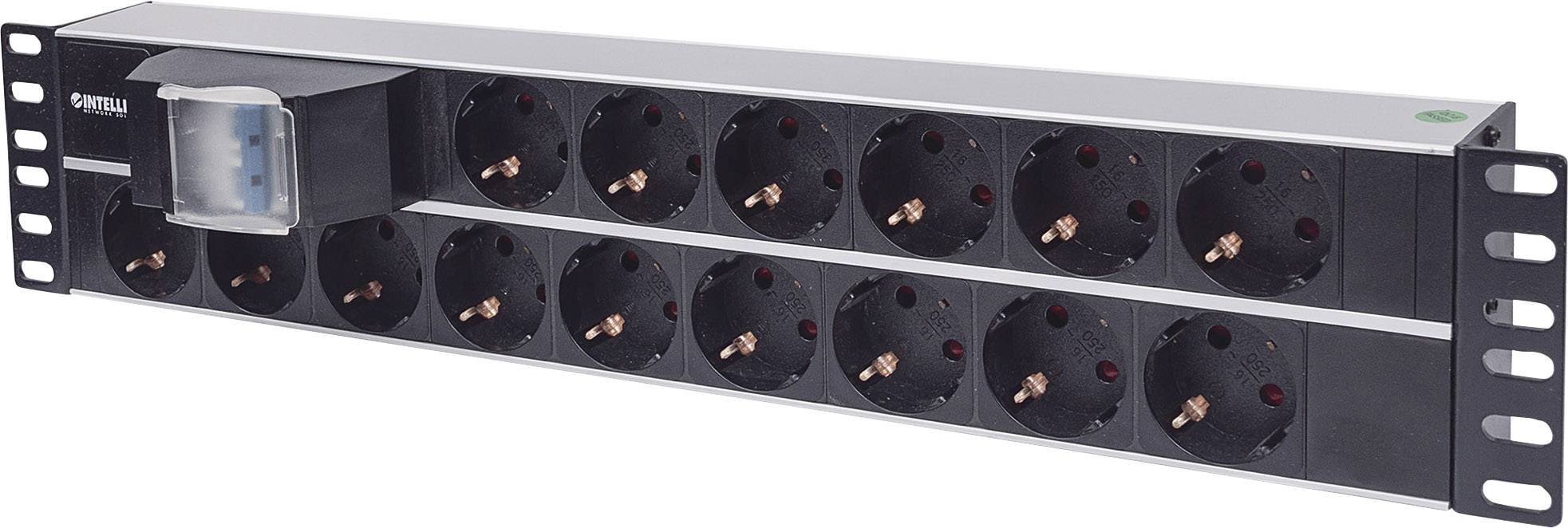 Black 19-inch power strip with 12 sockets and an on/off switch, suitable for use in IT racks and server rooms.