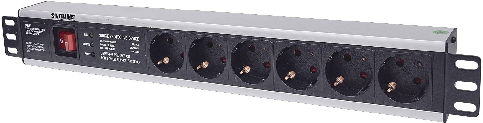 Multi-socket outlet with six sockets, network switch, and surge protection, suitable for 19-inch rack mounting.