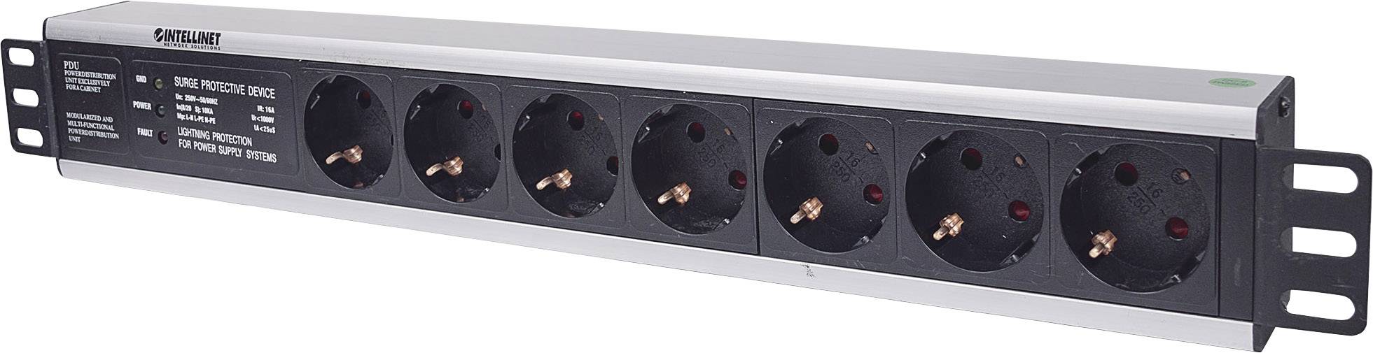 Six-way black socket strip, compatible with Schuko plugs, featuring an integrated protective switching mechanism.