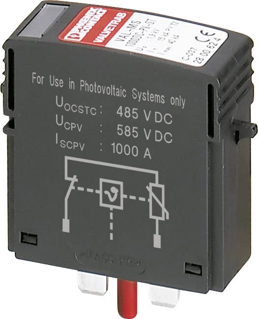 Illustrated is an electrical fuse for photovoltaic systems, labelled with voltage and current strength characteristics.