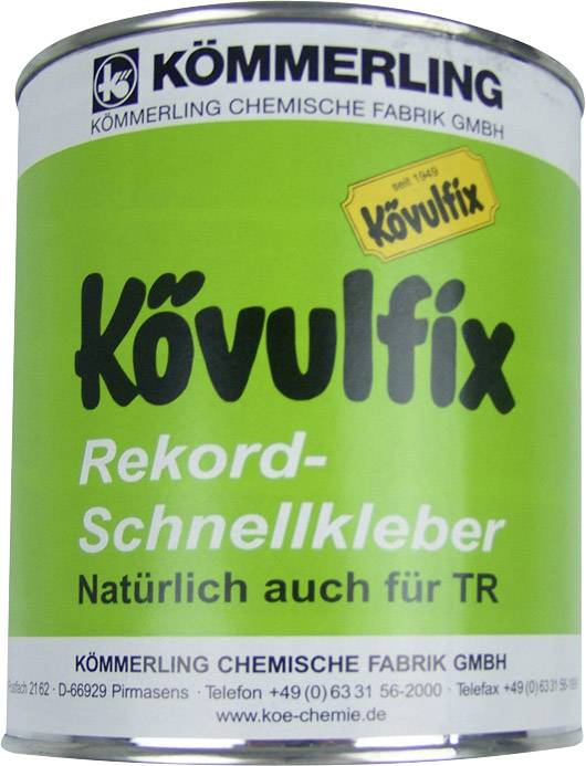 A tin with a green label of the brand 'Kövulfix', labelled as 'Record-Fast Adhesive, Naturally also for TR', manufactured by Kömmerling Chemische Fabrik GmbH.