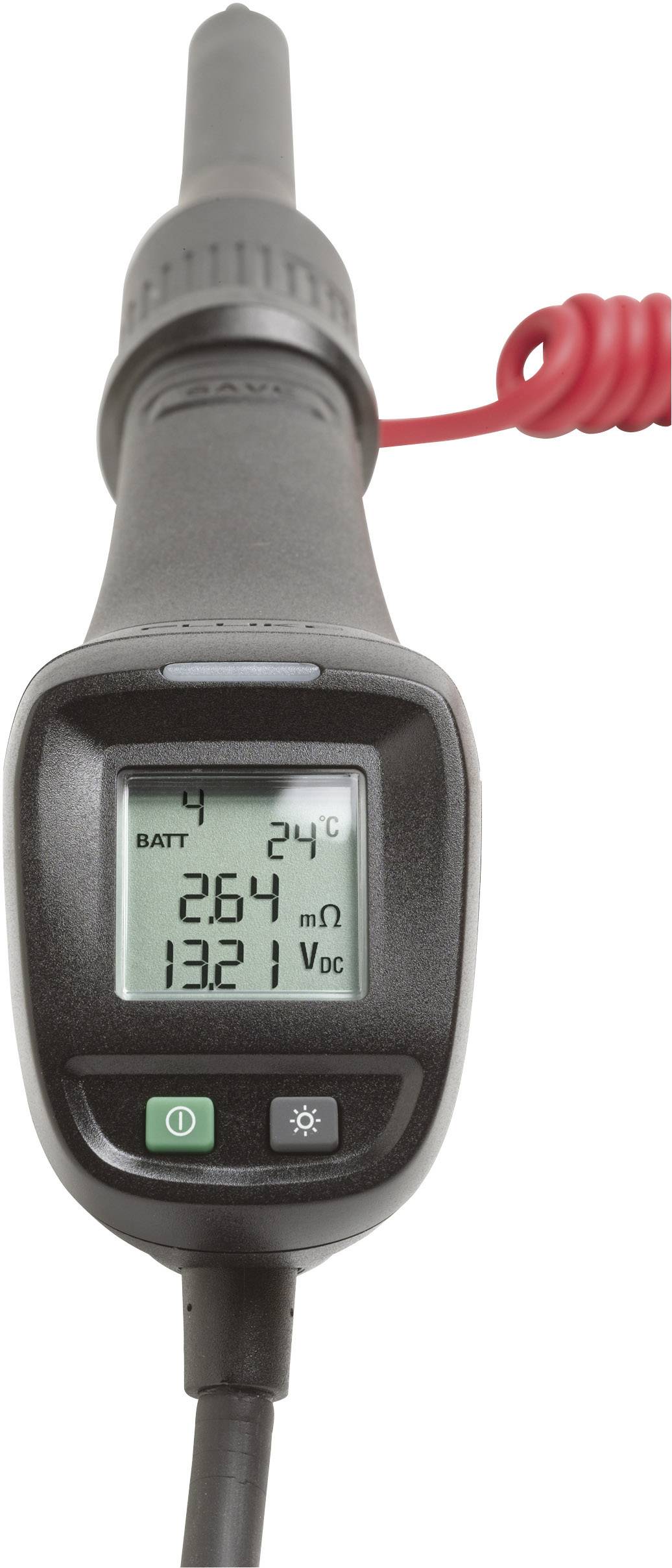 A digital handheld measuring device displays 2.64 mΩ and 13.21 V DC on the screen. A red cable is connected.