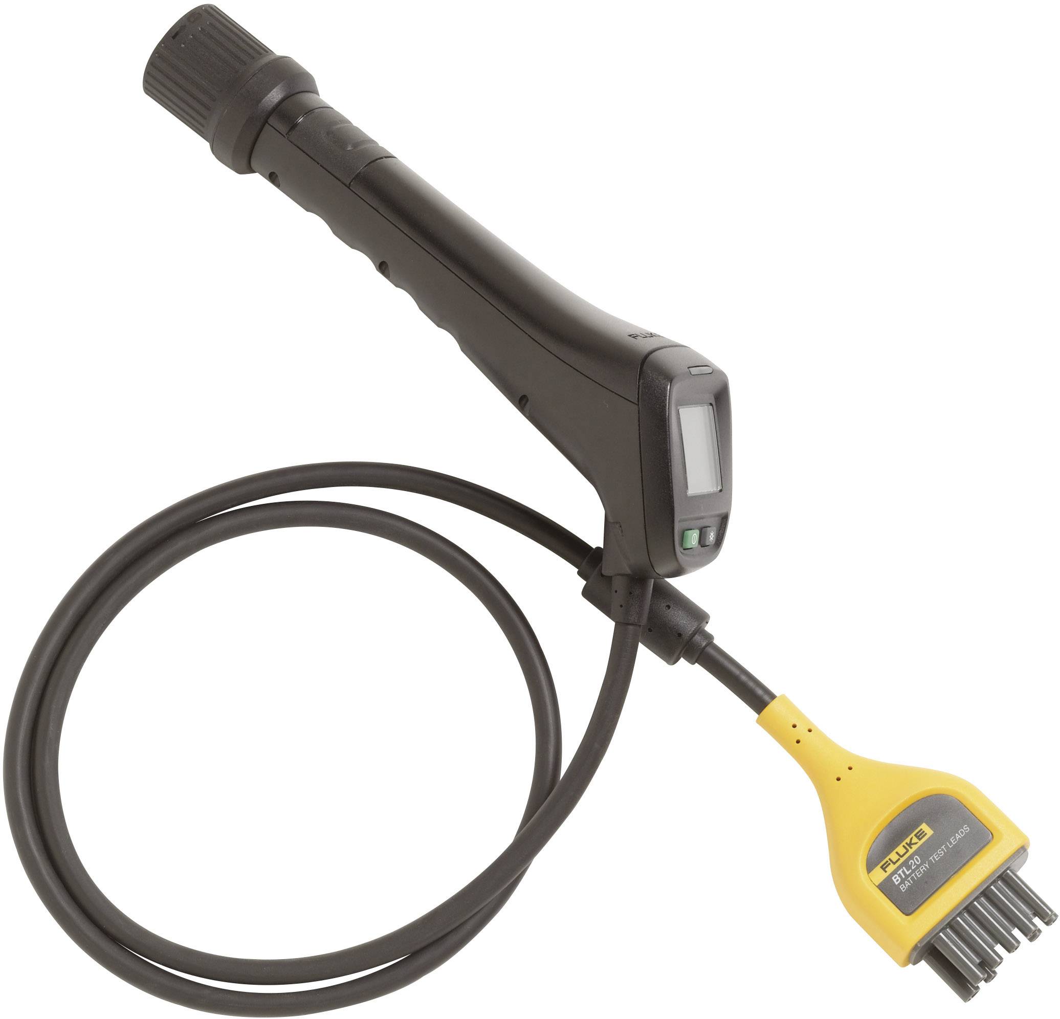 A black handheld scanner with a long cable and yellow plug. Used for measurement and analysis in technical applications.