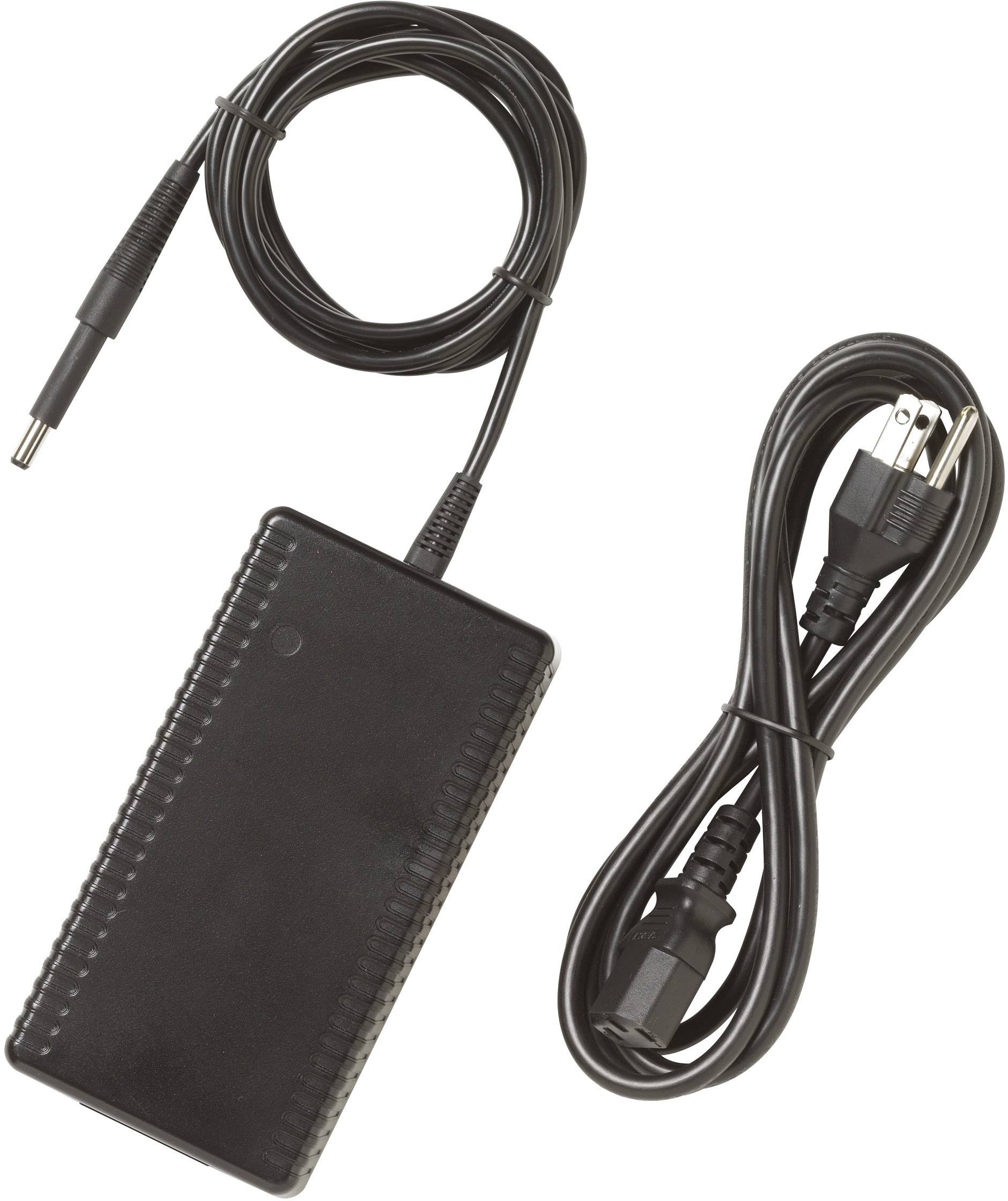A black plug-in power supply with cables; on the left, the adapter with a connected thin cable, on the right a detachable mains cable.