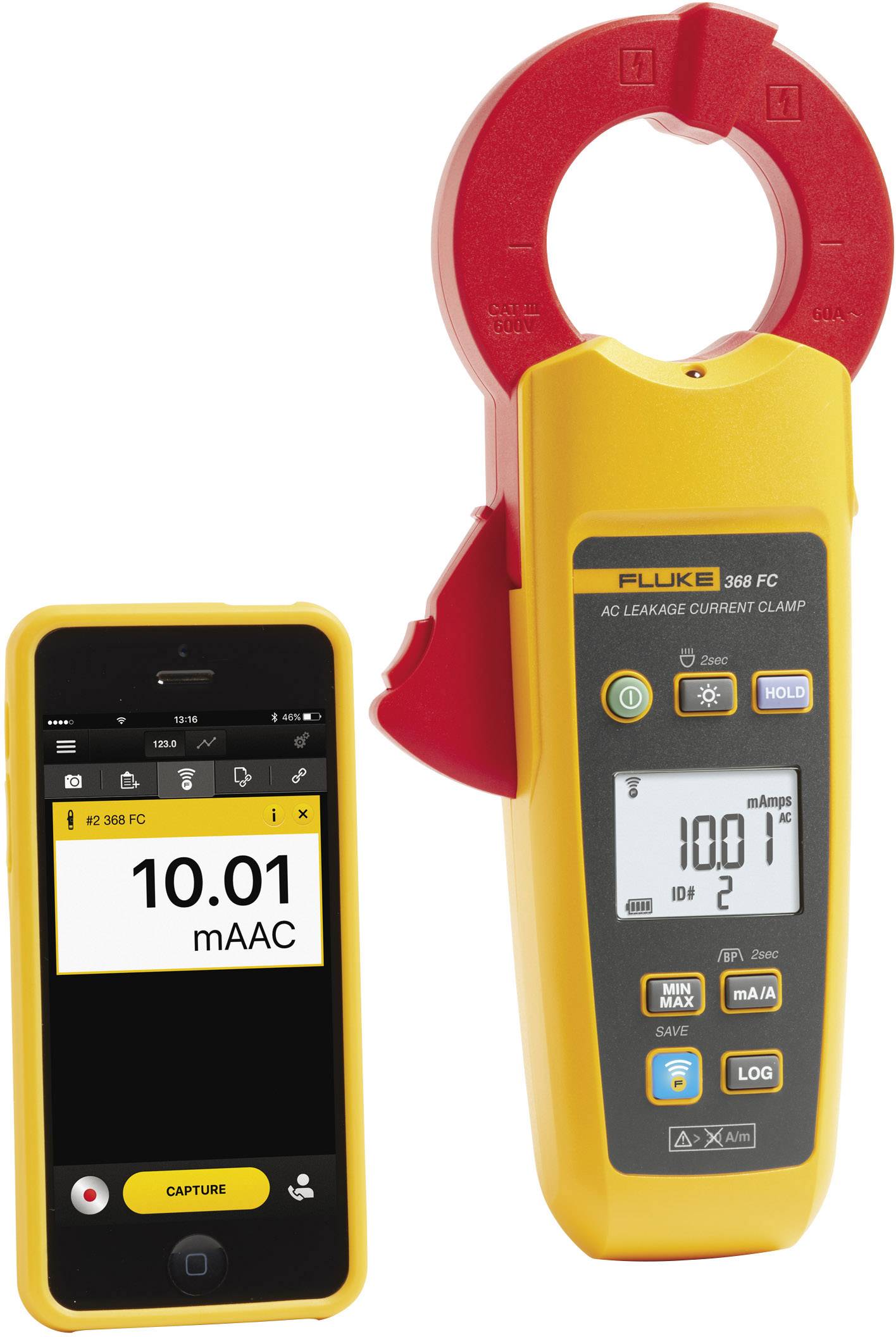 Current clamp meter with digital display and smartphone app. Measured value: '10.01 mAAC'. Shows alternating current leakage.