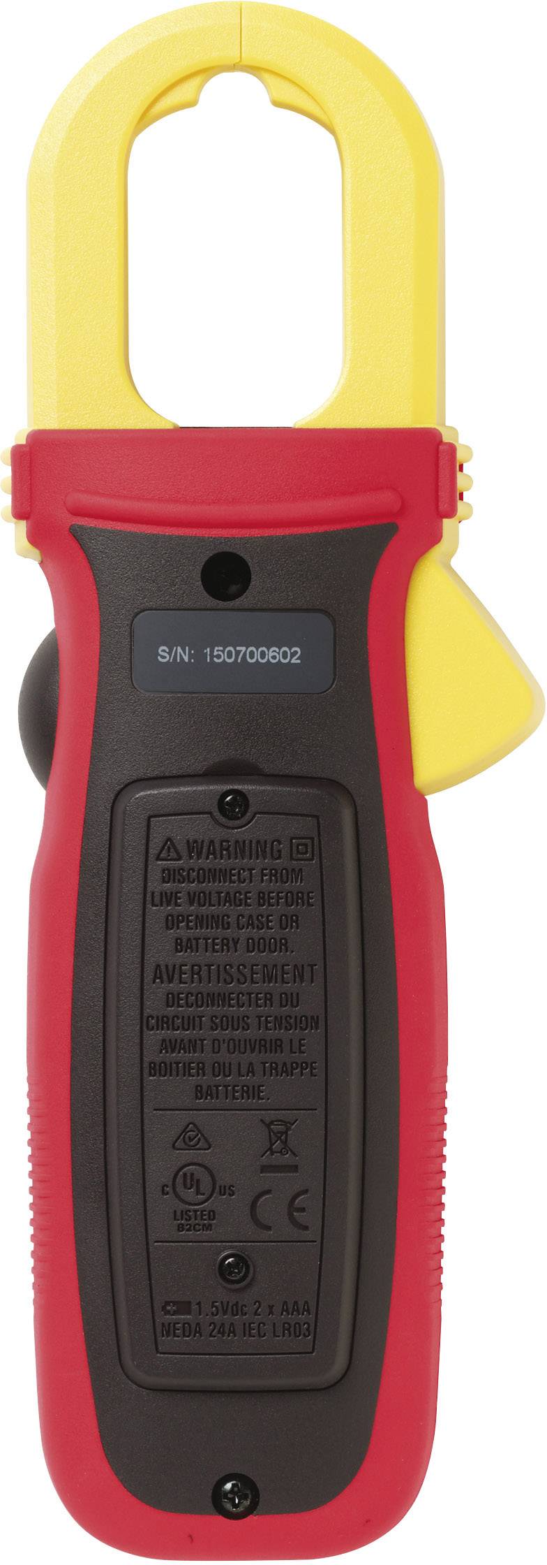 Handheld device with a yellow clamp sensor, black and red casing. Label with serial number and safety-related warning notices.
