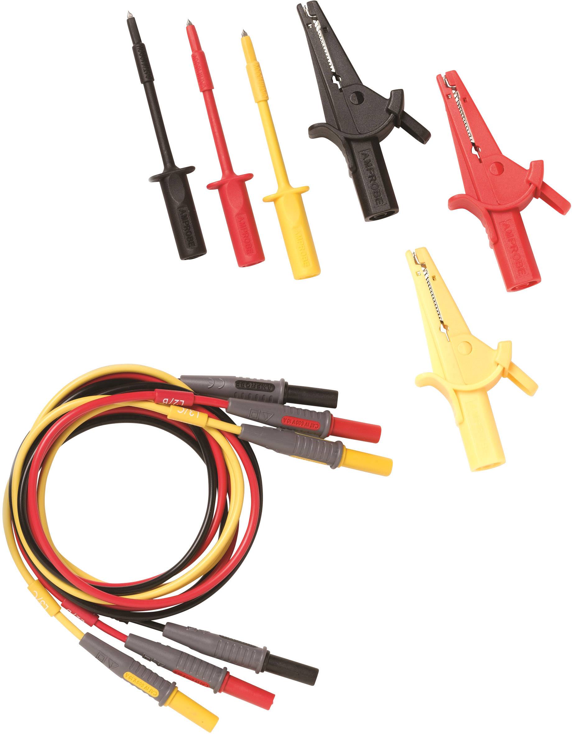 Various test probes and crocodile clips in black, red and yellow, connected with colourful cables, for electrical testing.