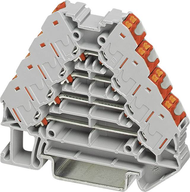 Triangular, grey terminal block with orange levers, suitable for mounting on a metal rail.