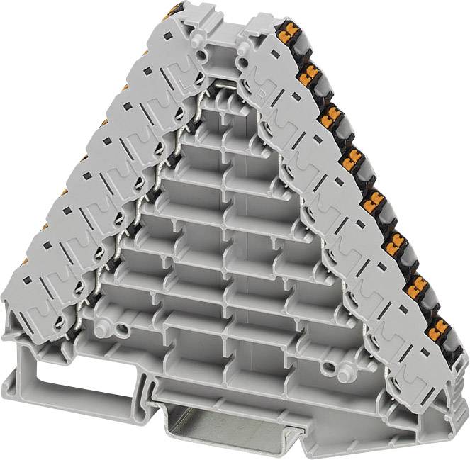 Triangular grey terminal block with multiple connection slots and lever mechanisms, used for electrical wiring.