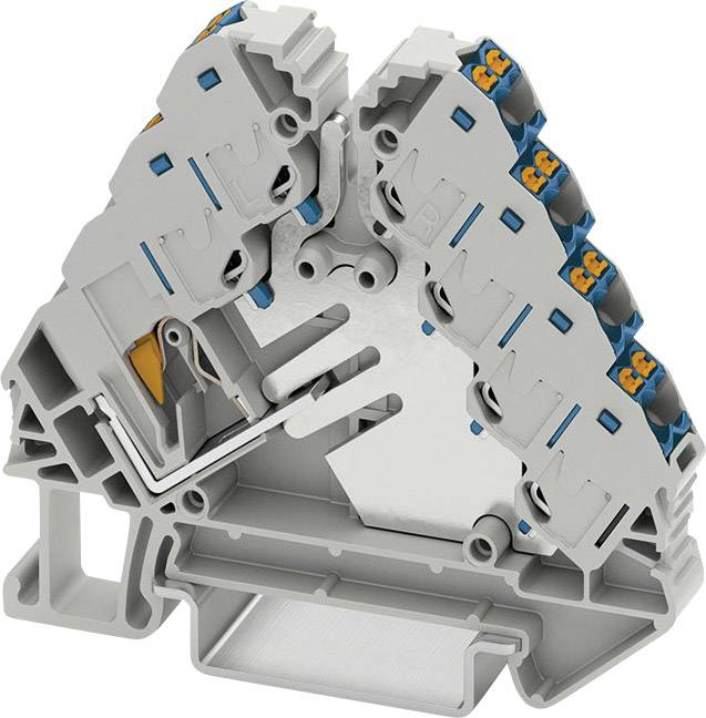 Grey electrical terminal block with blue and orange components, triangular shape, used for securely connecting electrical wires.
