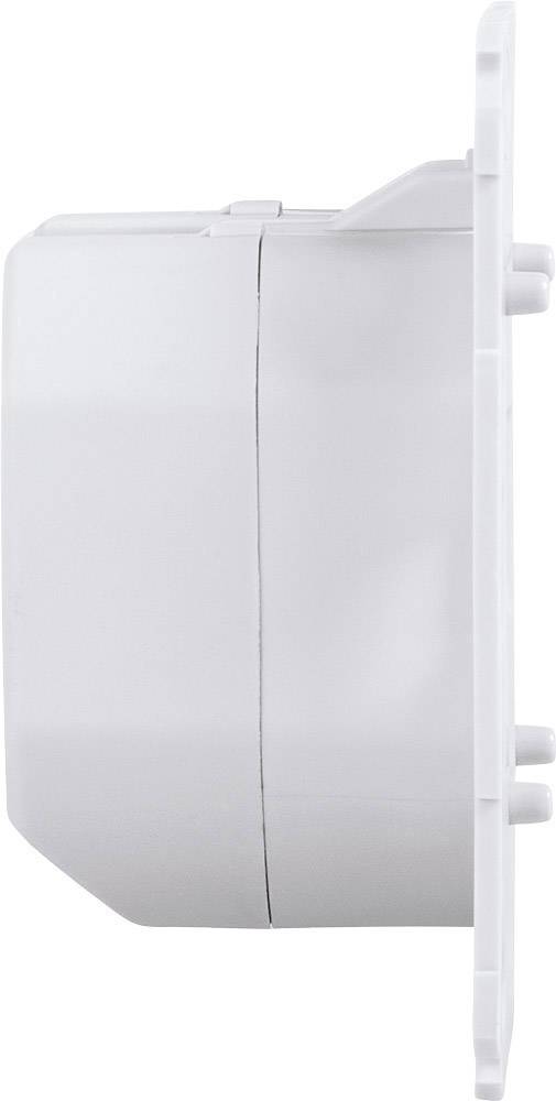 Side view of a white, rectangular electrical device with rounded edges, mounted on a wall.