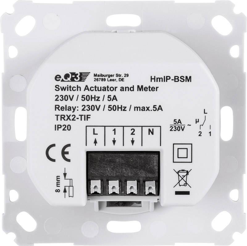 Switch actuator and counter for 230V, 50Hz, 5A. Contains relay and connection terminals, protection type IP20. Model HmIP-BSM.