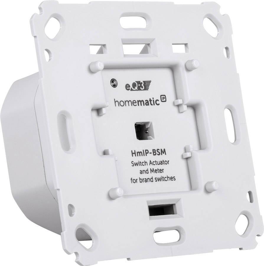 A white Homematic IP HmIP-BSM switching actuator for brand switches, depicted from a side perspective.