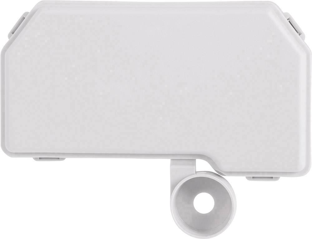Grey rectangular plastic part with a rounded lower edge and a circular outlet at the bottom end.