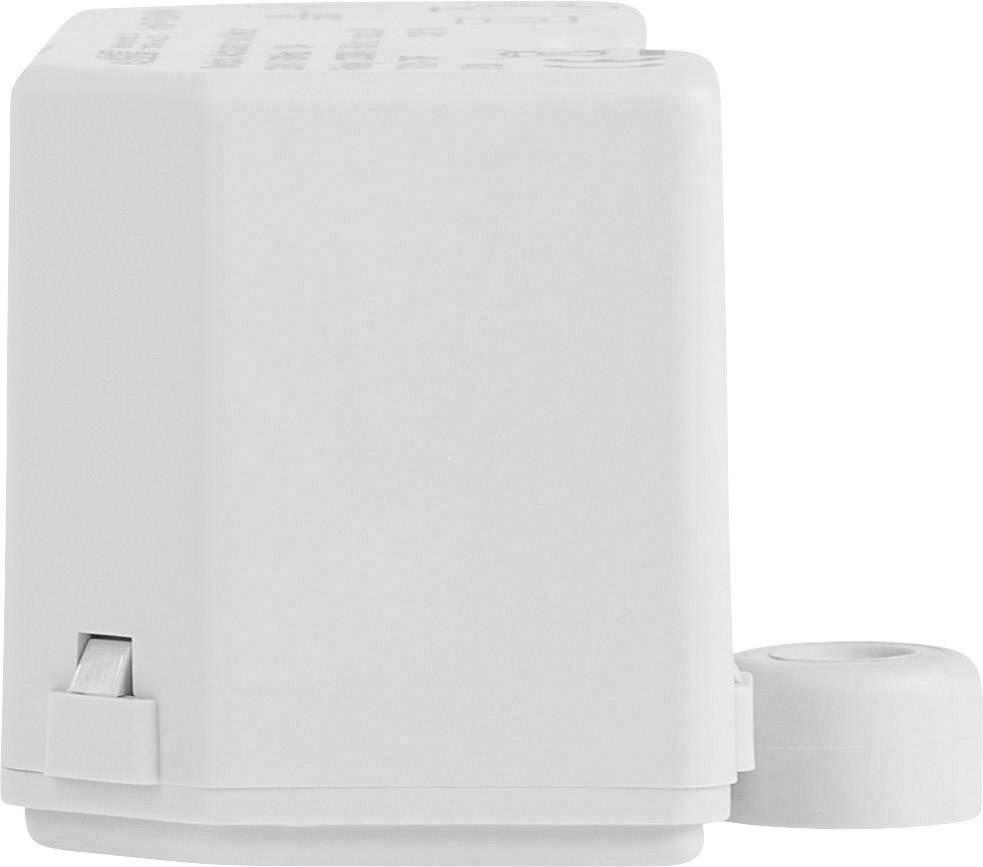 A white, rectangular electrical adapter with a plug contact and rounded corners on a white background.