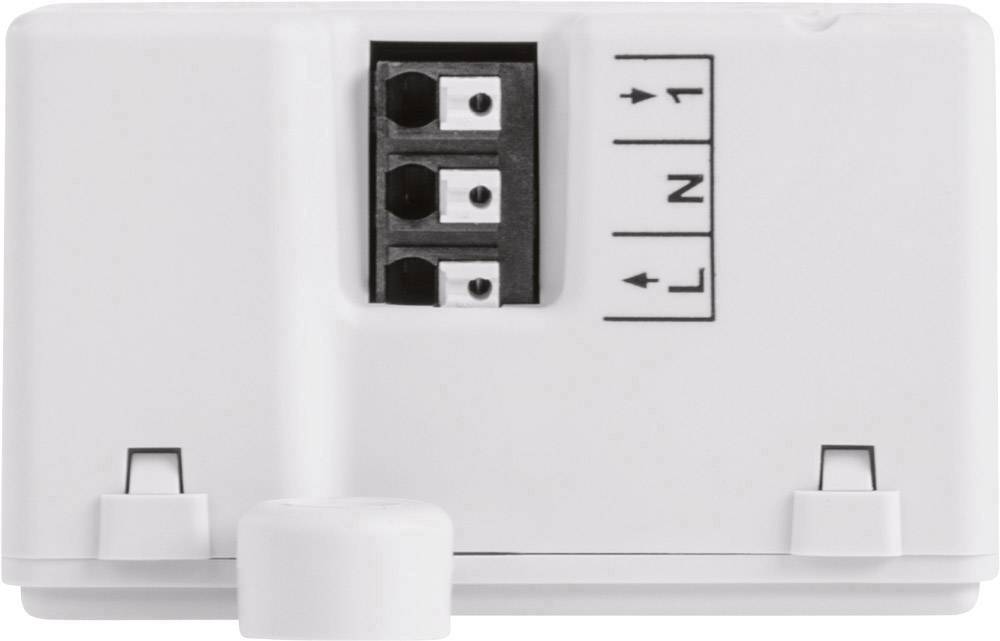 A white electrical device with three terminal connections, labelled 'L', 'N', and an arrow symbol.