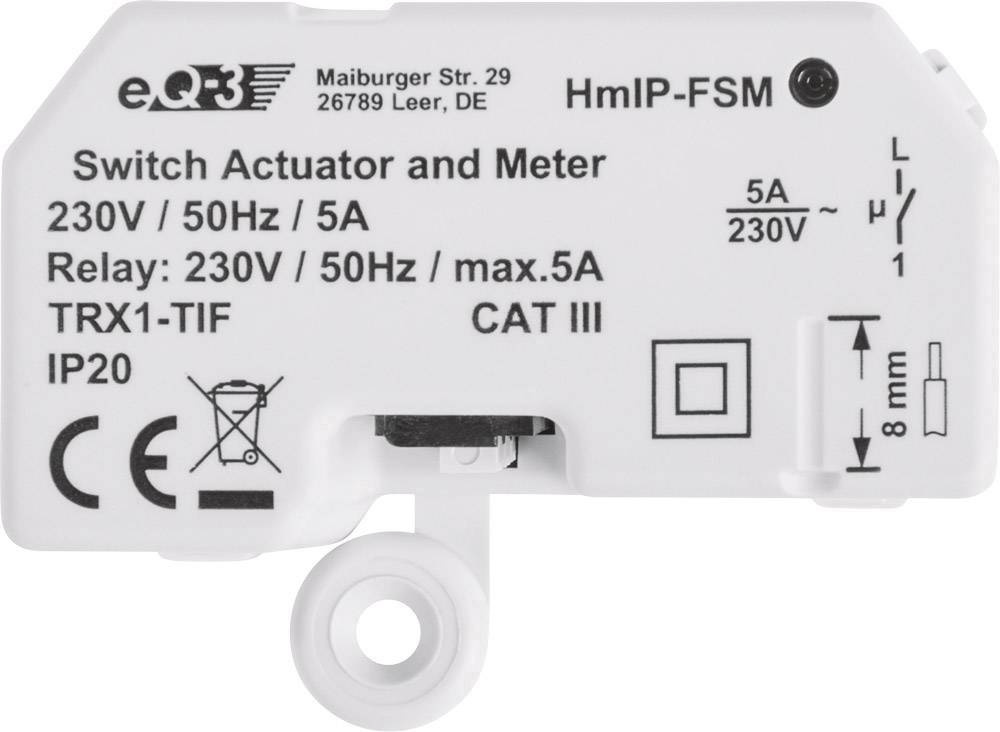 'Switch Actuator and Meter' Label: 230V/50Hz/5A, IP20, CAT III, TRX1-TIF, display dimensions. Manufacturer's address at the top.