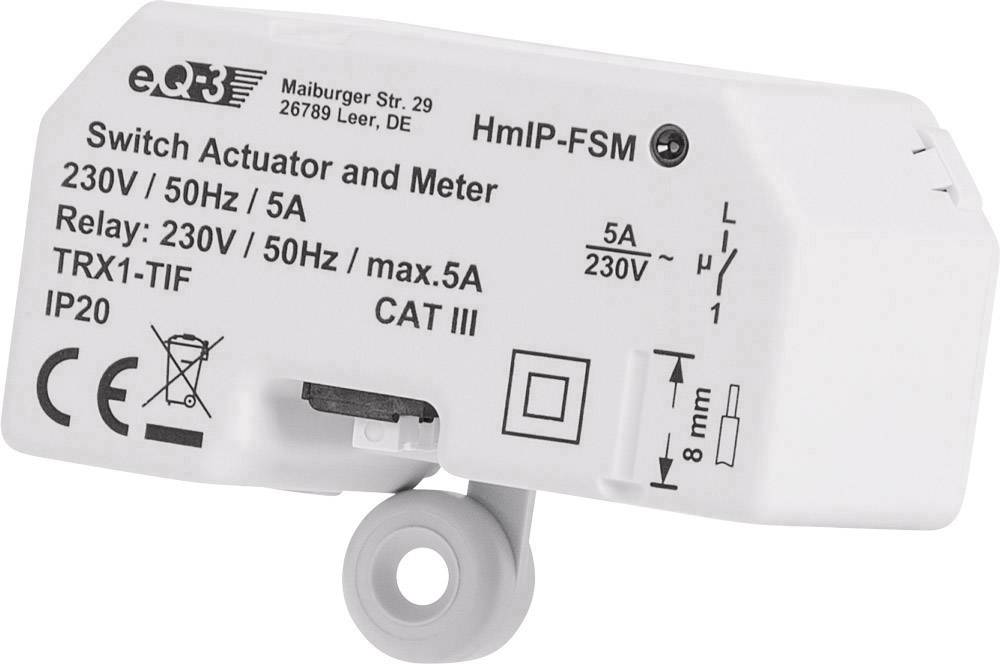A switching actuator and counter with specifications: 230V, 50Hz, max. 5A. Certifications and connections are visible on the front.