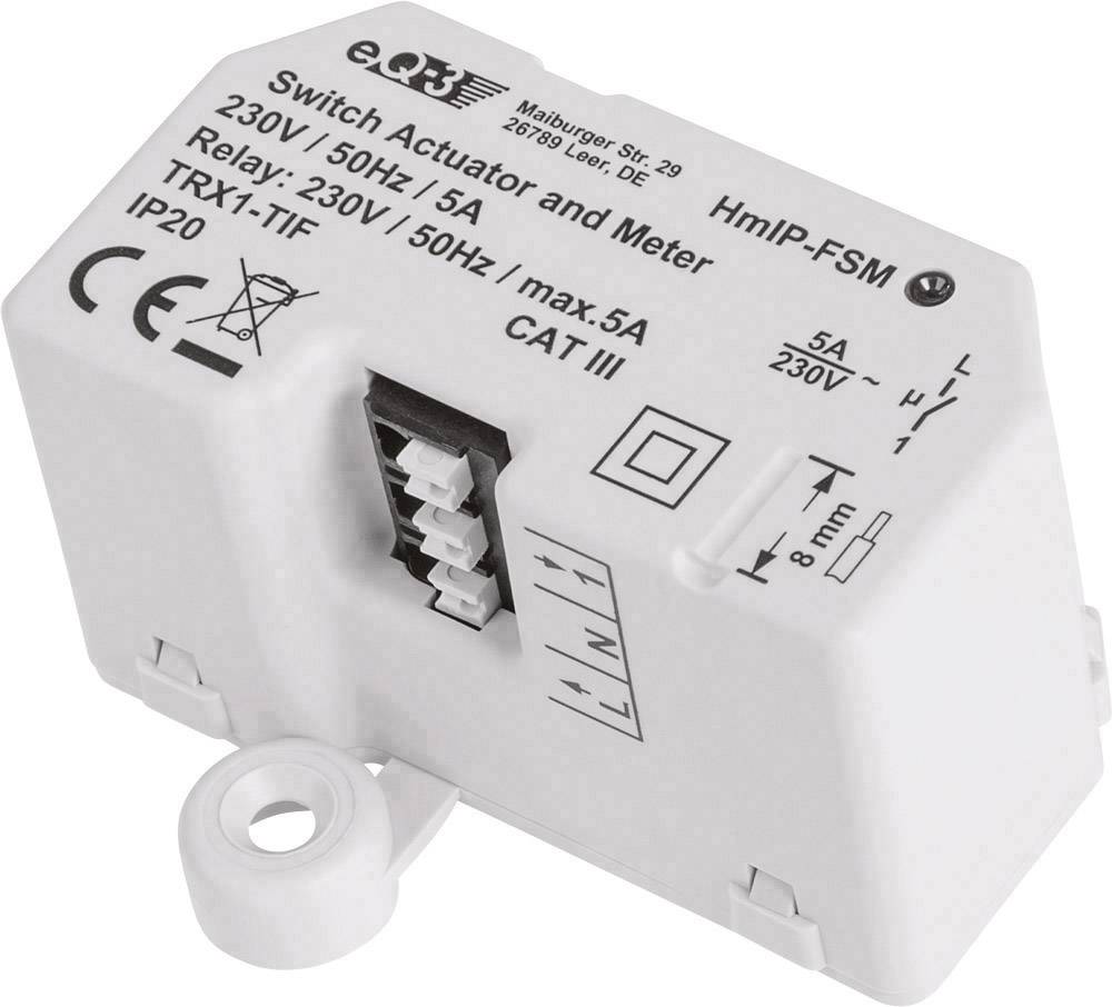 White switching actuator and measuring device with connections and labels for 230V/50Hz, 5A. Suitable for indoor use, protection type IP20.
