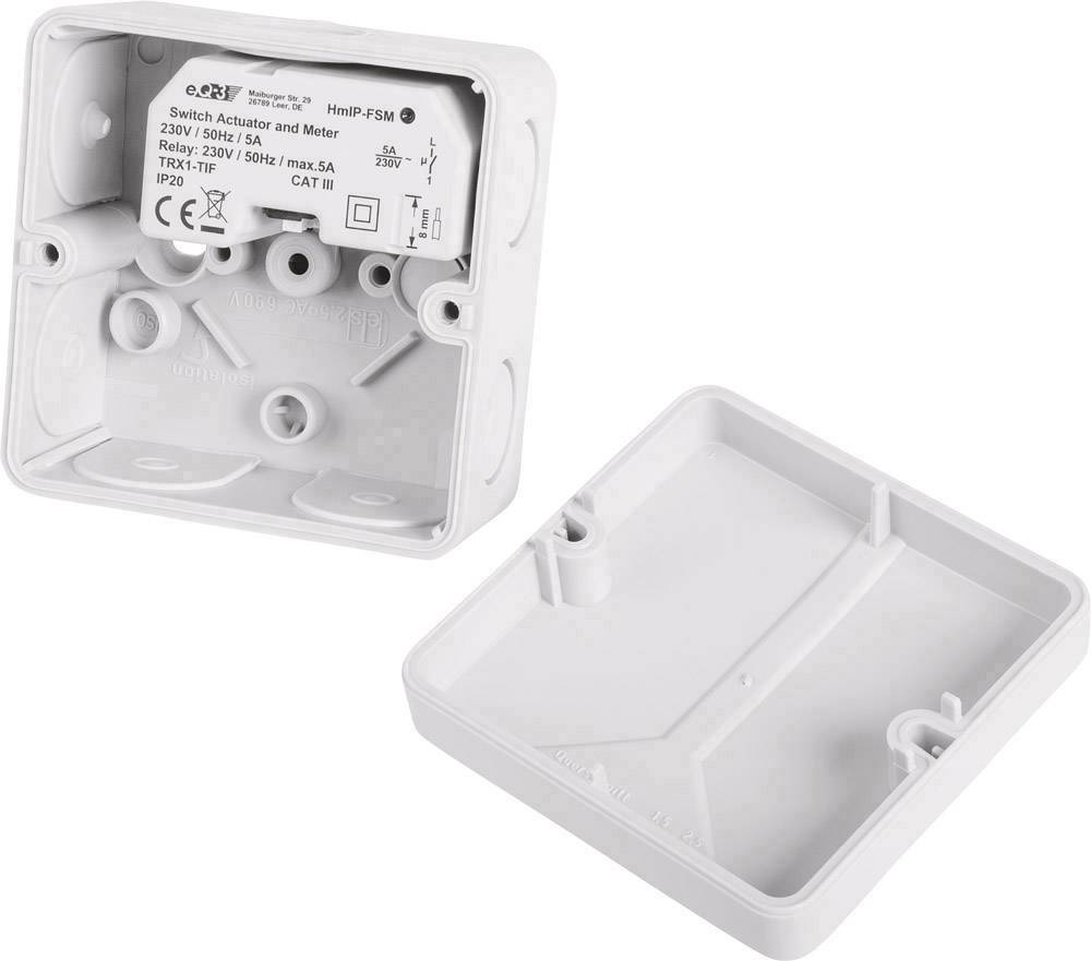 Two white housing halves of an electrical switching actuator. One half contains electronic components and labels.