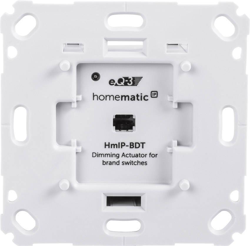 A white Homematic IP HmIP-BDT dimmer actuator for brand switches, square shaped, suitable for flush-mounting in smart home systems.