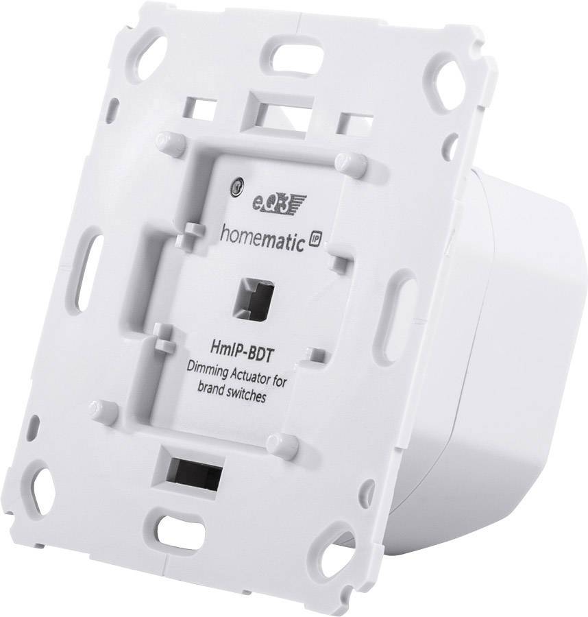 A white Homematic IP dimmer actuator for branded switches, HmIP-BDT model. Device for controlling lighting.
