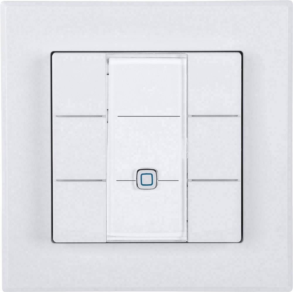 A white light switch with a large central switch and a blue indicator. The switch has a minimalist design.