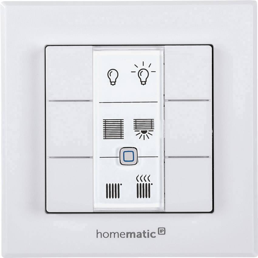 Light and blind switches with symbols for lighting, blinds, and heating. Central main button. Marked with 'homematic IP'.