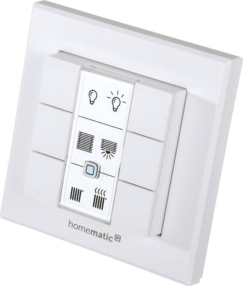 Light switch with four buttons. Symbols for lamps, blinds, lighting control and heating. Marked 'homematic IP'.