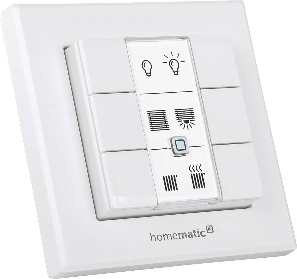 Light switch with symbols for lighting, blinds, and heating, labelled 'homematic'.