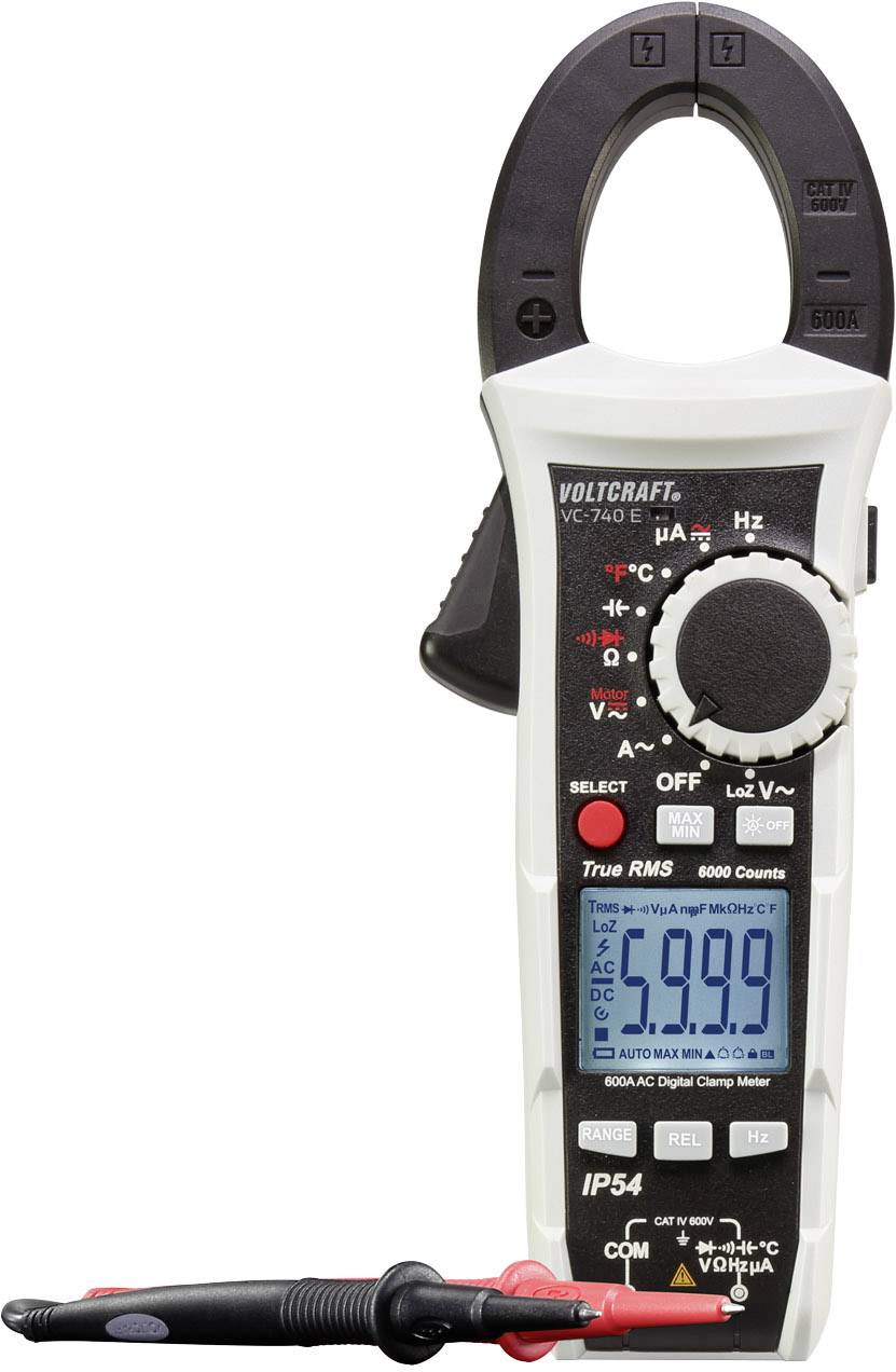 Digital clamp meter with display showing 599.9. Model number and brand logo at the top, two measurement probes connected.