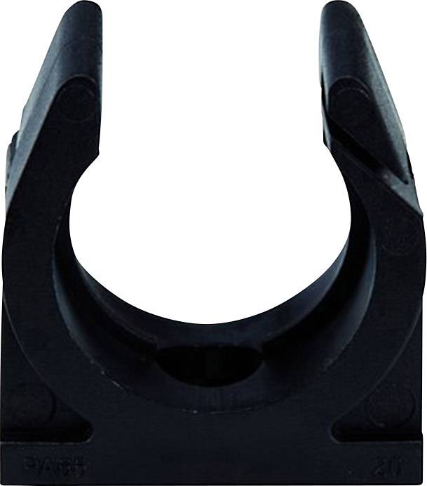 Black plastic clip in a round shape, suitable for holding pipes or cables.