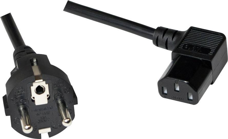 A black network cable with a Schuko plug on the left and a C13 plug on the right.