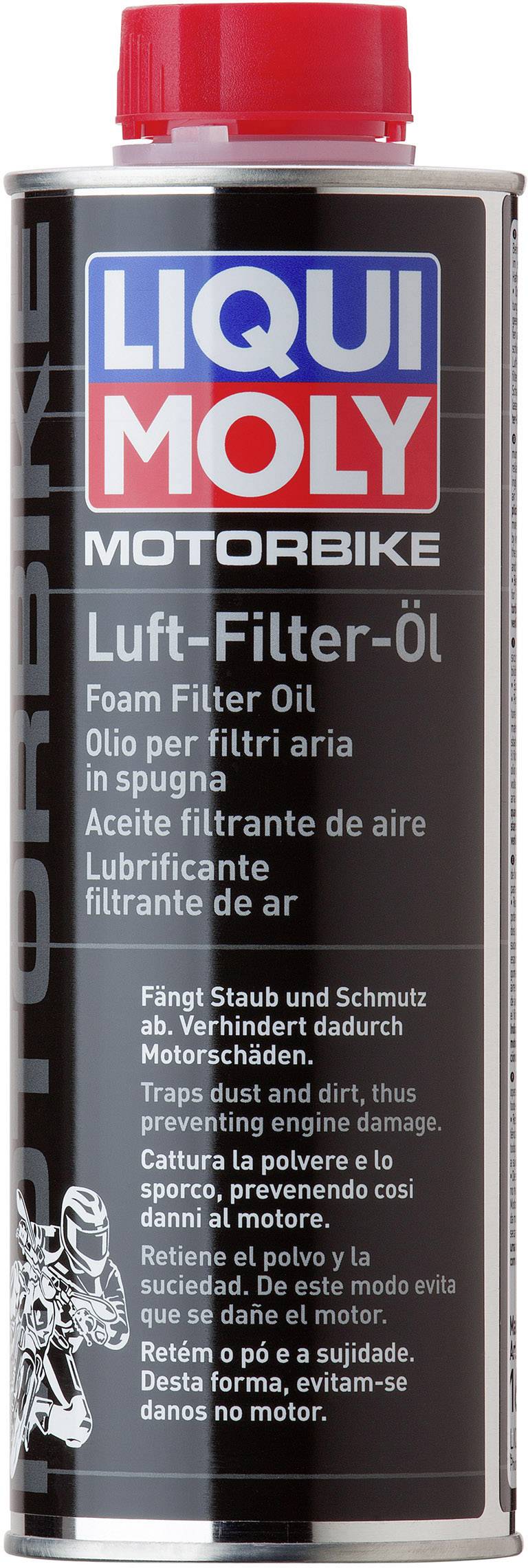 Liqui Moly Air Filter Oil for motorcycles, with multilingual application instructions. Contains foam filter oil for engine care.