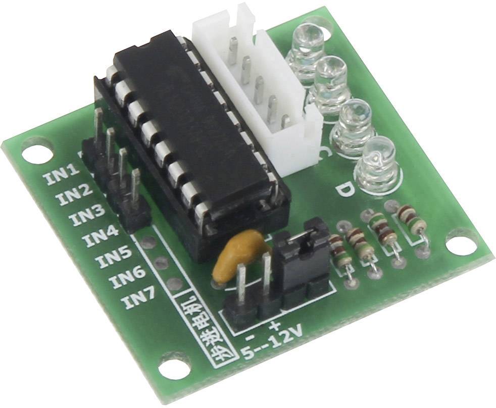 Electronic module with chip, pins and LEDs on circuit board. Labelled with 'IN1' to 'IN7' and voltage range '5-12V'.