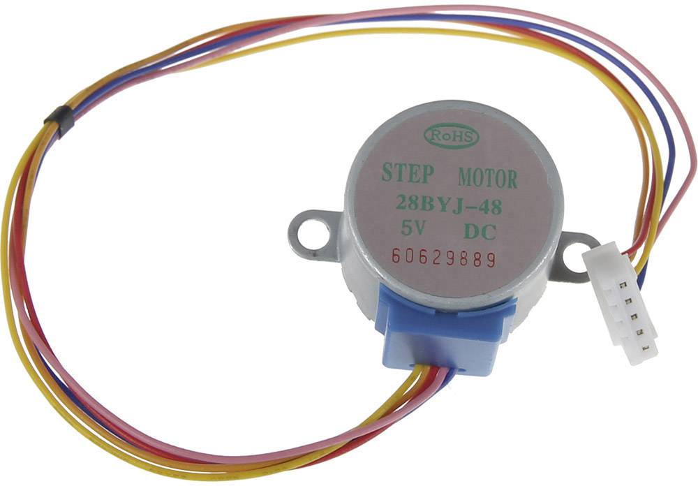 A 28BYJ-48 stepper motor with 5V DC operation, showing coloured wires and connections. Ideal for precise control projects.