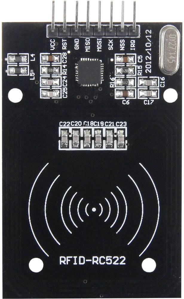 RFID Module RC522 with electronic components and labels on a black circuit board, suitable for contactless reading of RFID tags.