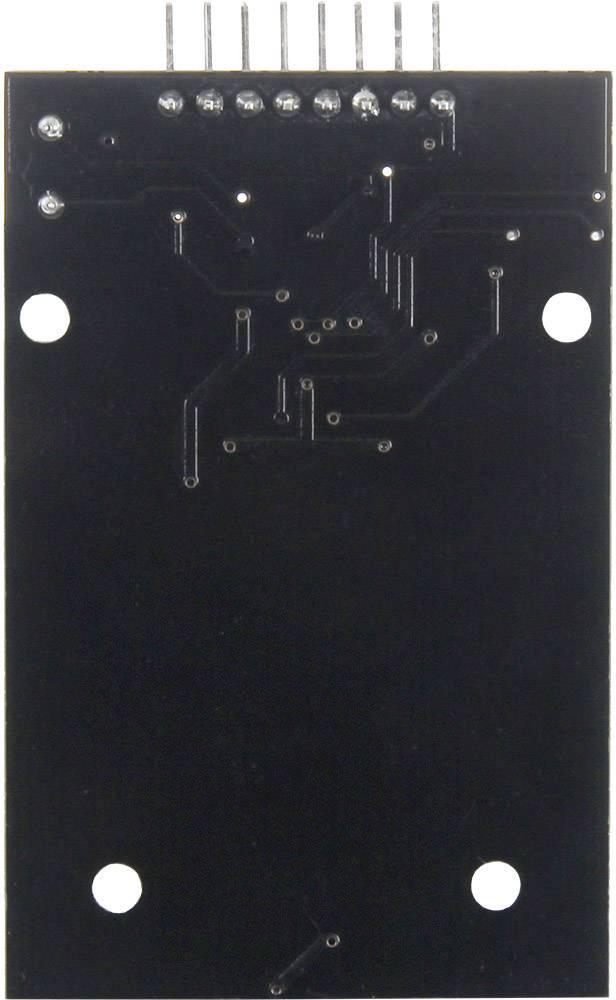 Back of a black electronic circuit board with visible solder points and circuit tracks, surrounded by mounting holes.
