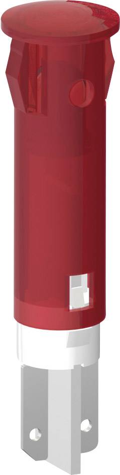 Red, cylindrical component with electrical connections at the bottom. Possibly an electronic switch or fuse.