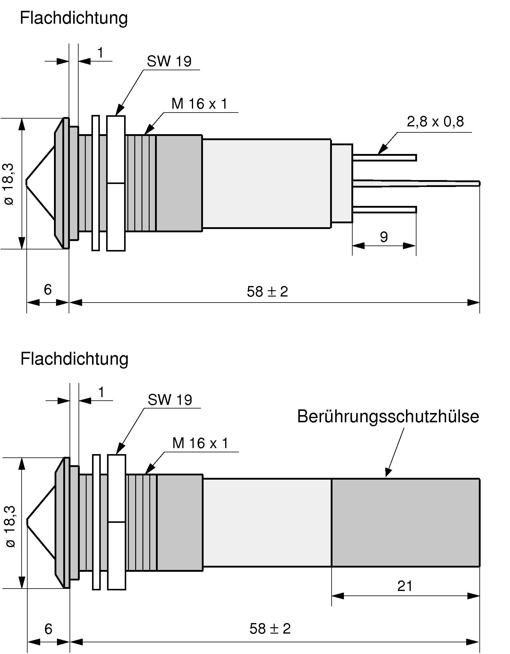 Technical drawing of two push buttons. Top: Plug with M 16 x 1 thread, 58 ± 2 mm length, with flat seal. Bottom: Similar plug with additional protective contact sleeve.