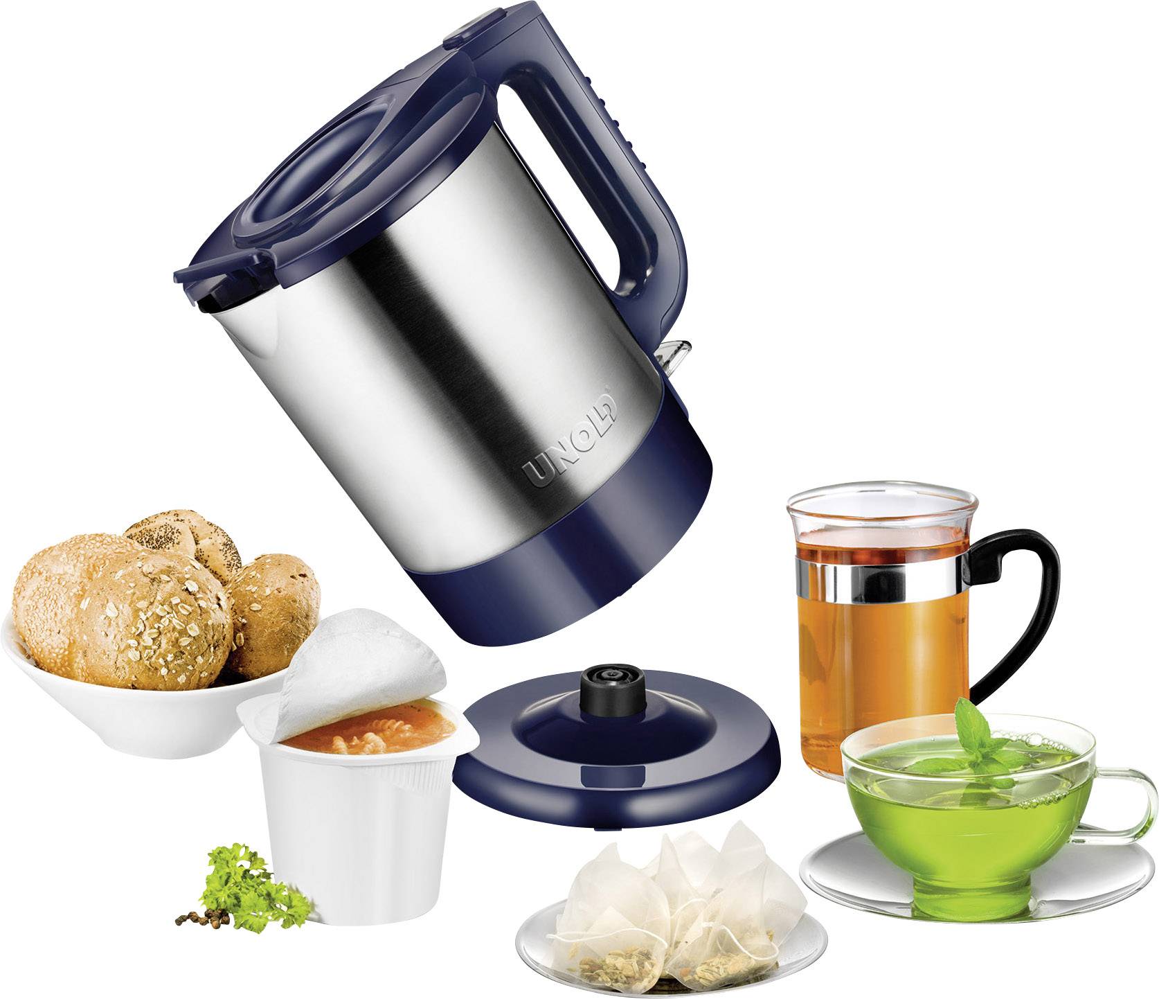 A blue kettle, surrounded by a glass of tea, a green tea in a cup, bread rolls and yoghurt, along with tea bags.