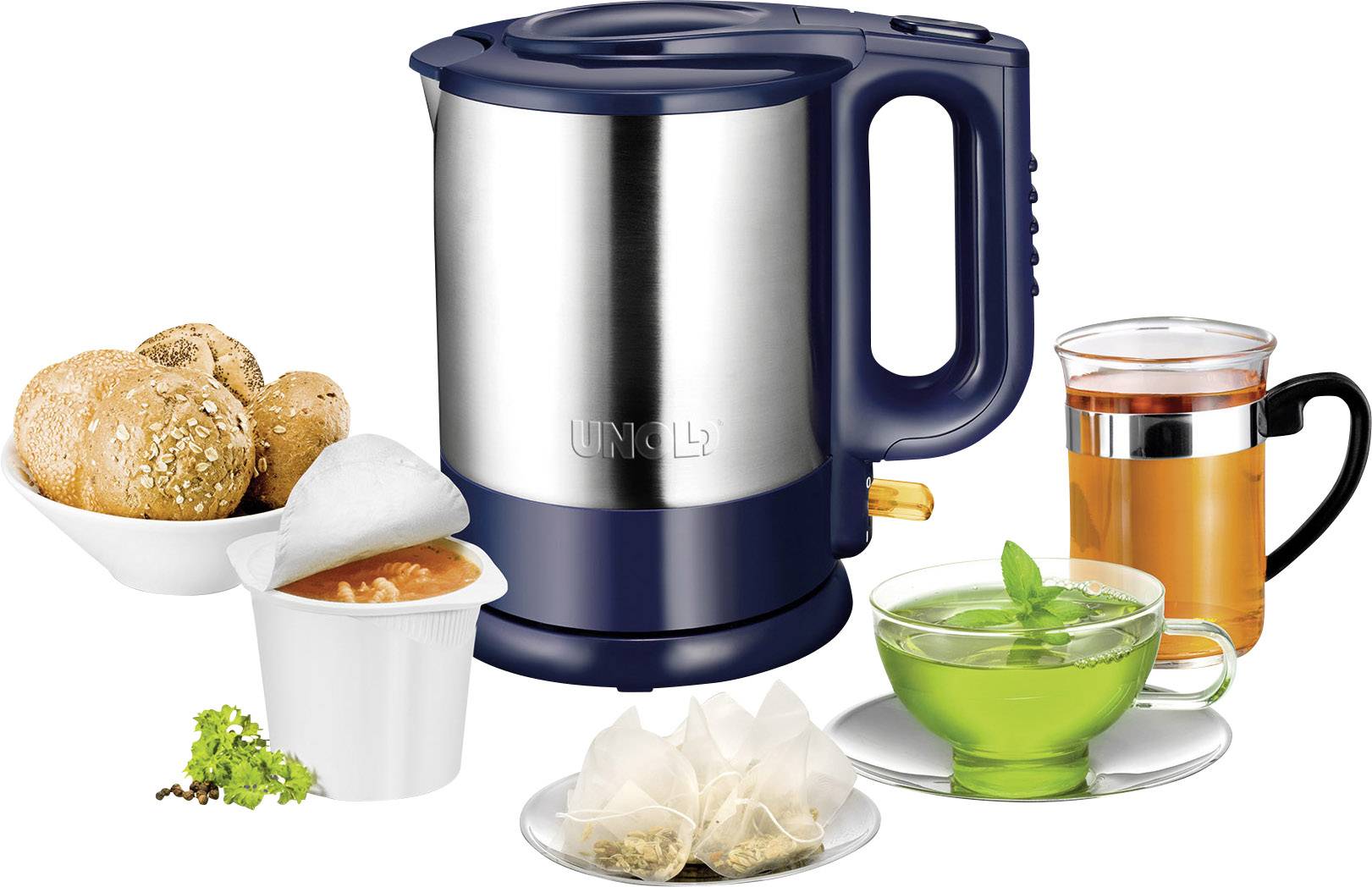 Electric kettle with two teacups and snacks like rolls and yoghurt. Ideal for a quick tea break.