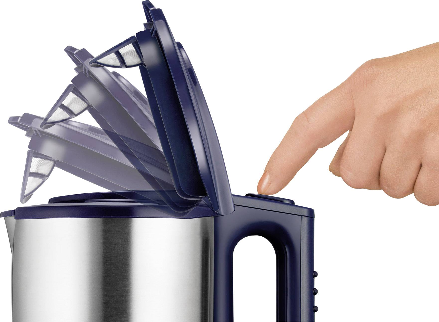 A finger presses the button on the kettle to open the lid. The lid moves upwards in four stages.