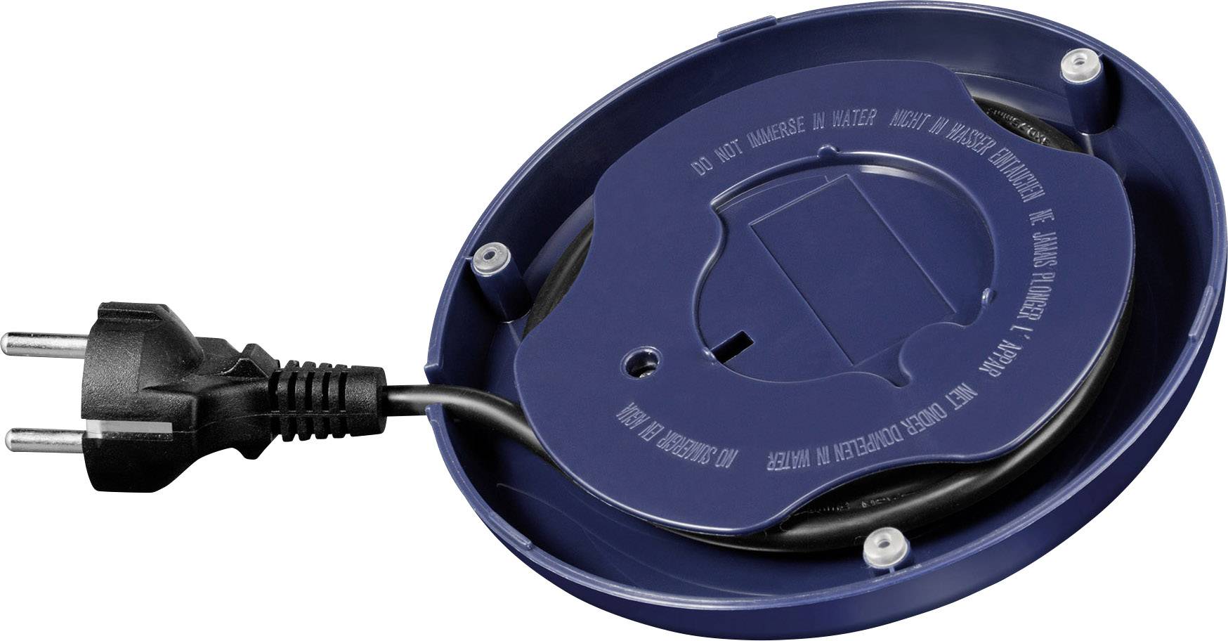 A blue cable reel with a European plug. The cable is wound around a round mechanism that ensures tidiness.