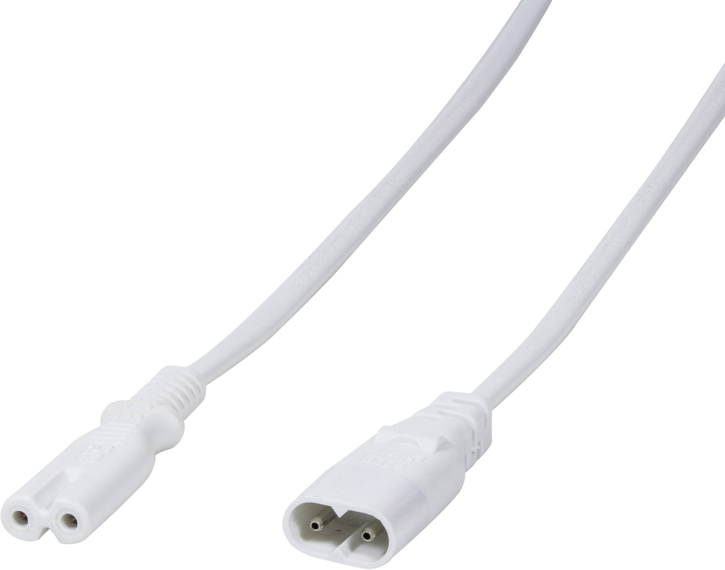 Two white electrical cables with two-pin plug and socket placed side by side, showing connection options for electrical devices.