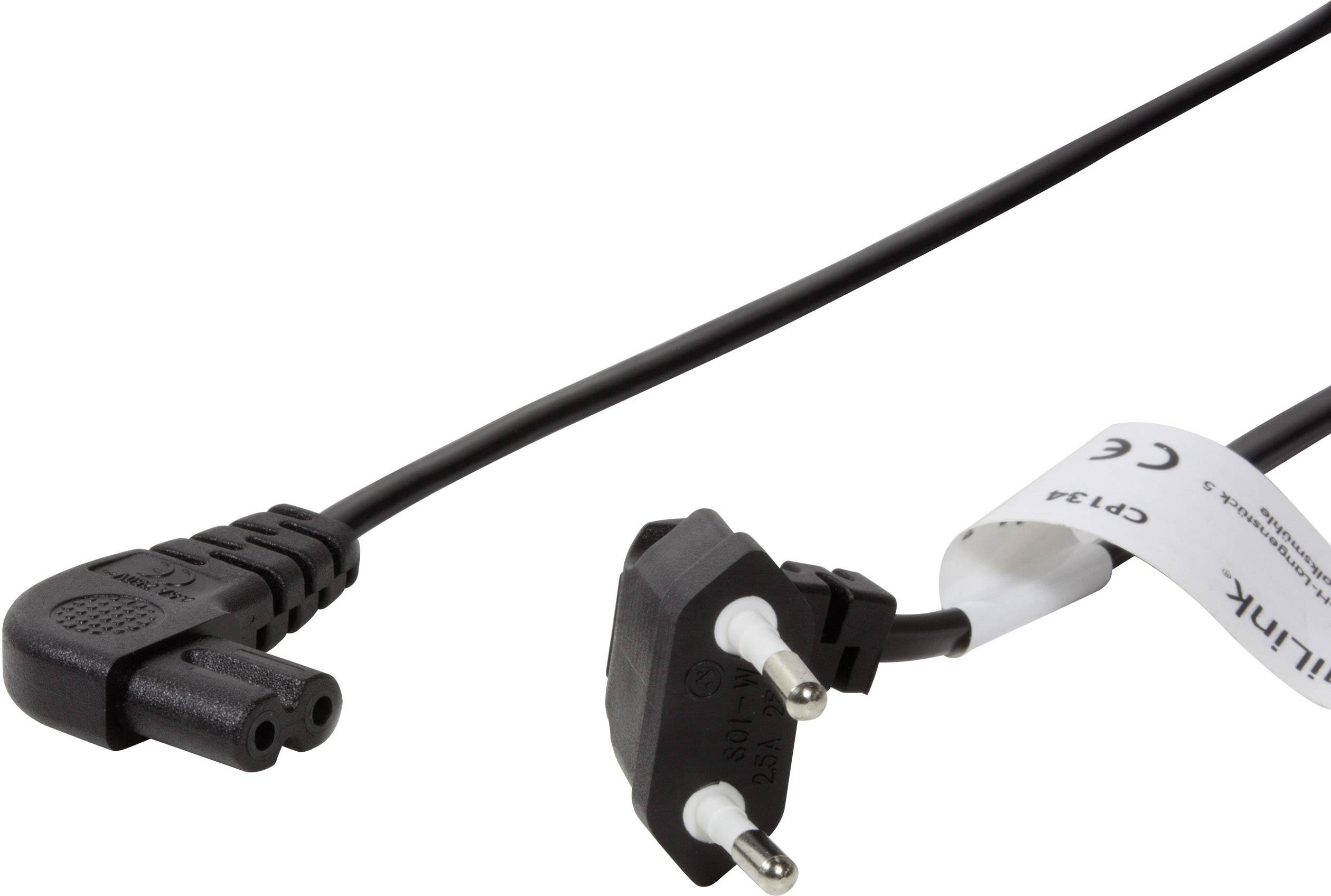 European mains cable with two-core plug and earthing pin, suitable for electronic devices.