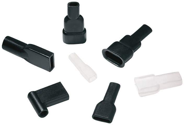 A set of seven black and white plastic nozzles in various shapes, suitable for household appliances or vacuum cleaners.