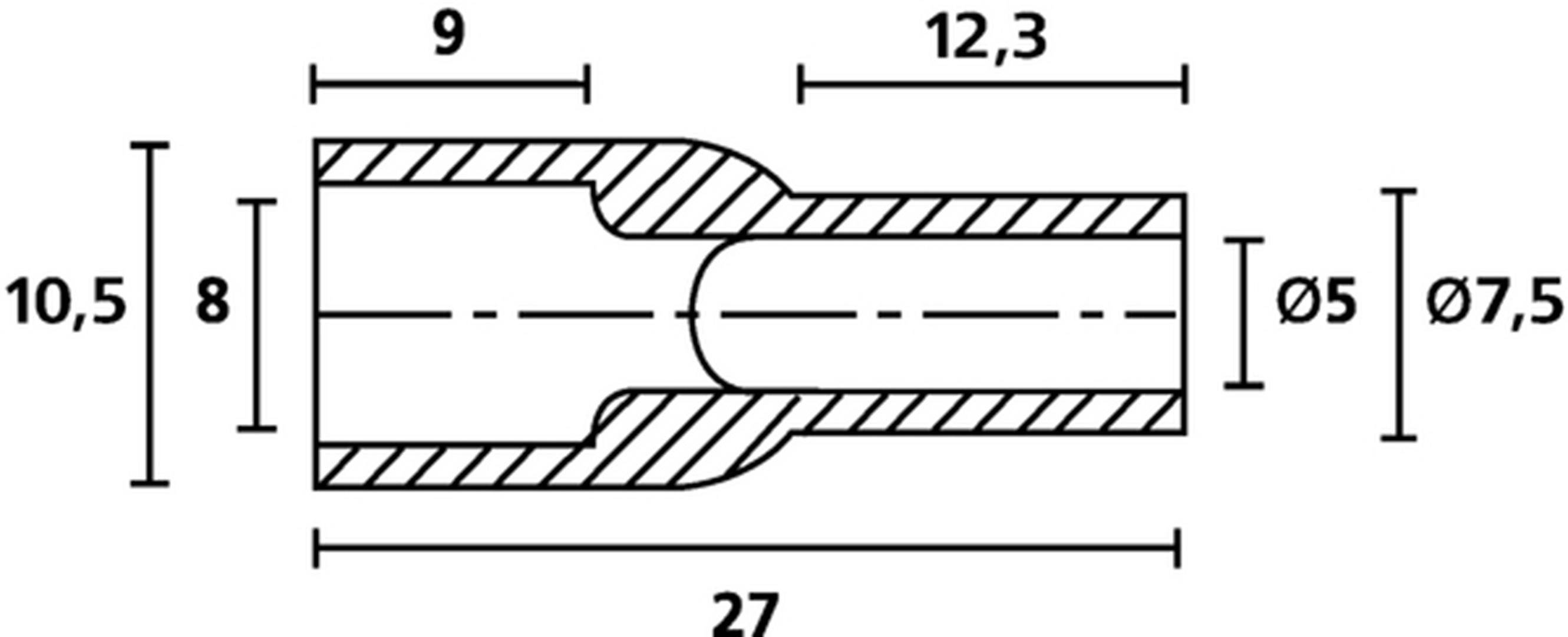 Technical Drawing: Cross-section of a Pipe Connection. Dimensions: 27 length, 9 and 12.3 segments, Ø5 and Ø7.5 ends.