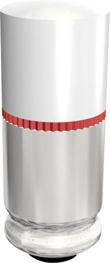 A silver and white salt shaker with a red ring in the centre, standing on a transparent glass base.
